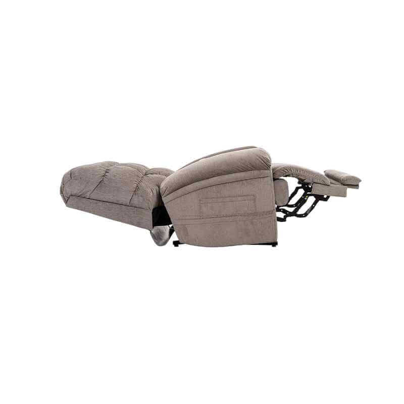 Mega Motion Trendelenburg Lift Chair in natural beige color, shown laying flat like a bed with footrest raised