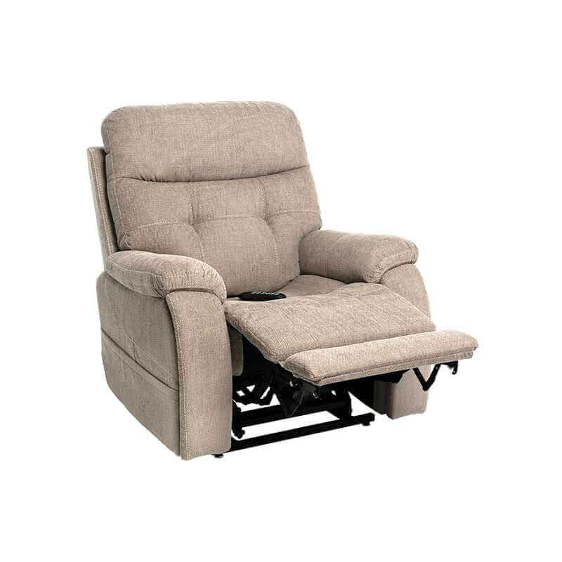 Stone Color Mega Motion MM-3712 Power Lift Recliner. Shown with backrest upright & footrest elevated high. Ideal for watching TV
