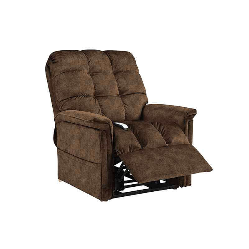 Chocolate color Mega Motion MM-5001 Lift Recliner Chair partially reclined with footrest up. Ideal for tv watching