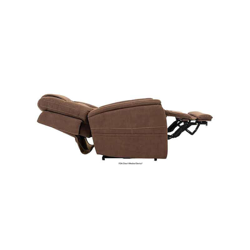 Brown Mega Motion MM-3730 Lift Chair with lumbar support, reclined to a near-flat position, resembling a bed.