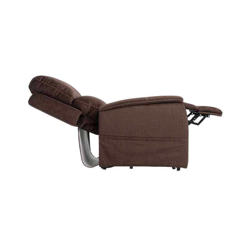 Coffee brown Mega Motion MM-3605 Power Lift Recliner in napping position to take a good nap with backrest reclined & footrest fully raised