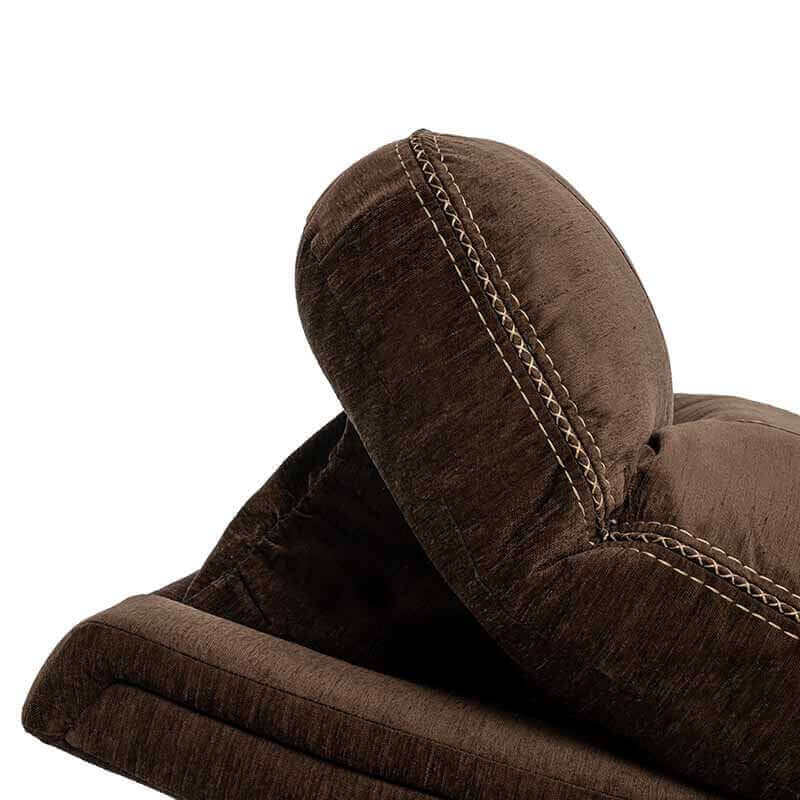 Mink Brown Mega Motion MM-3710 Infinite Position Lift Chair. Close-up of headrest, showing detailed stitching & soft cushioning
