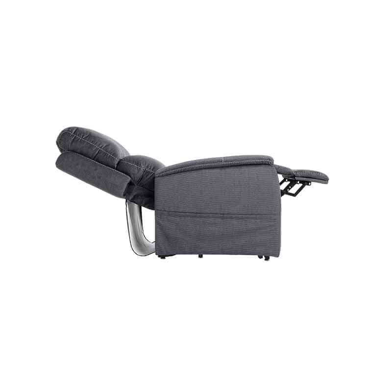 Metallic gray Mega Motion MM-3605 Power Lift Recliner reclined to napping position for a good nap with footrest fully raised