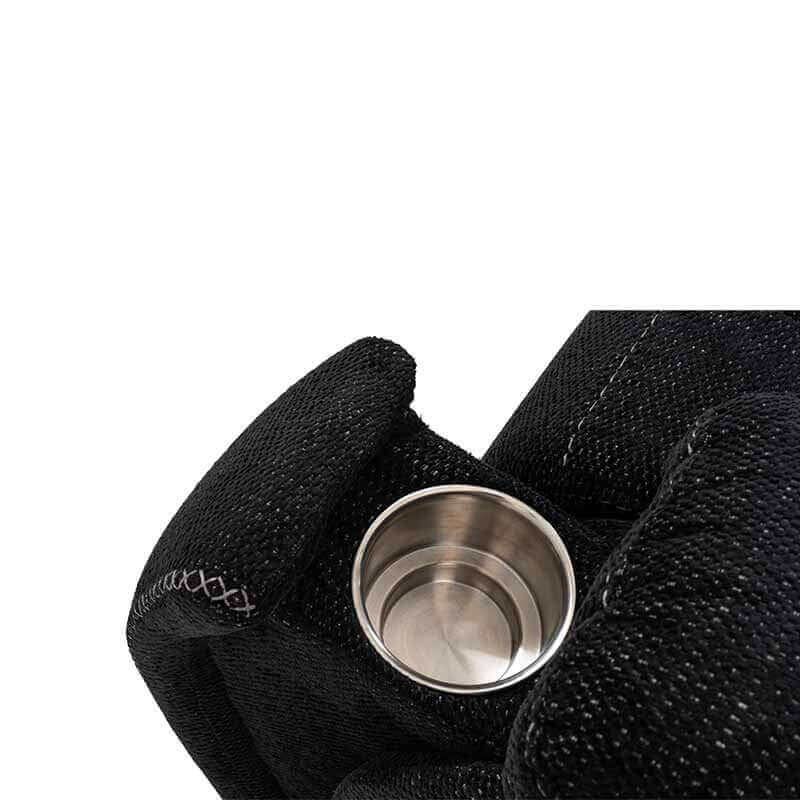 Close-up view of cup holder highlighting the fabric texture and stitching on black Mega Motion MM-3712 Power Lift Recliner with 3-Zone Heat