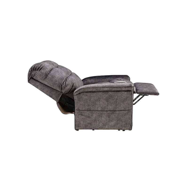 Mega Motion MM-5001 Lift Recliner Chair in graphite gray, reclined to napping position with footrest elevated all the way up for a good rest