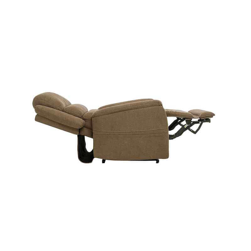 Mega Motion MM-3603 Lay Flat Recliner chair in gold brown color, reclined to zero gravity position with footrest raised higher than heart level