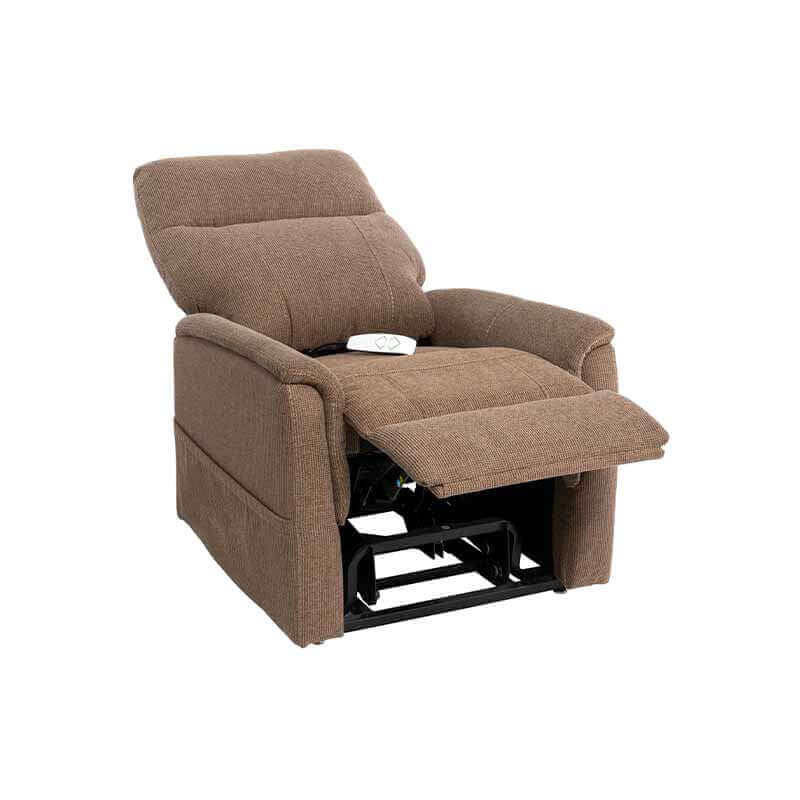 Mega Motion MM-6410 Petite Lift Chair in light cherry color, displayed with leg rest extended & back slightly reclined for relaxation