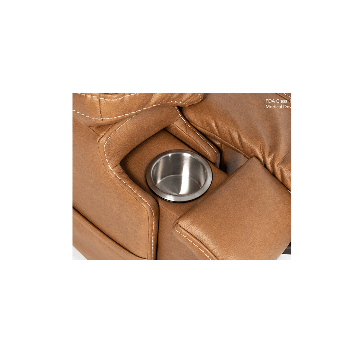 Mega Motion 3815 lift recliner in saddle color, showing cupholder