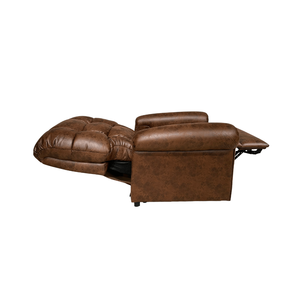 Chocolate Journey Sleep chair laying completely flat like a bed with footrest extended all the way up and backrest at a 180 degree angle
