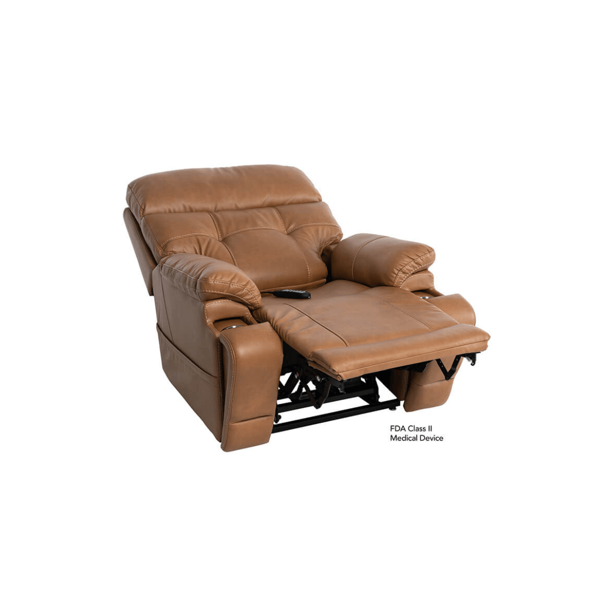 Mega Motion 3815 reclining lift chair in saddle color, reclined to nap position with backrest slightly recline back & footrest raised high