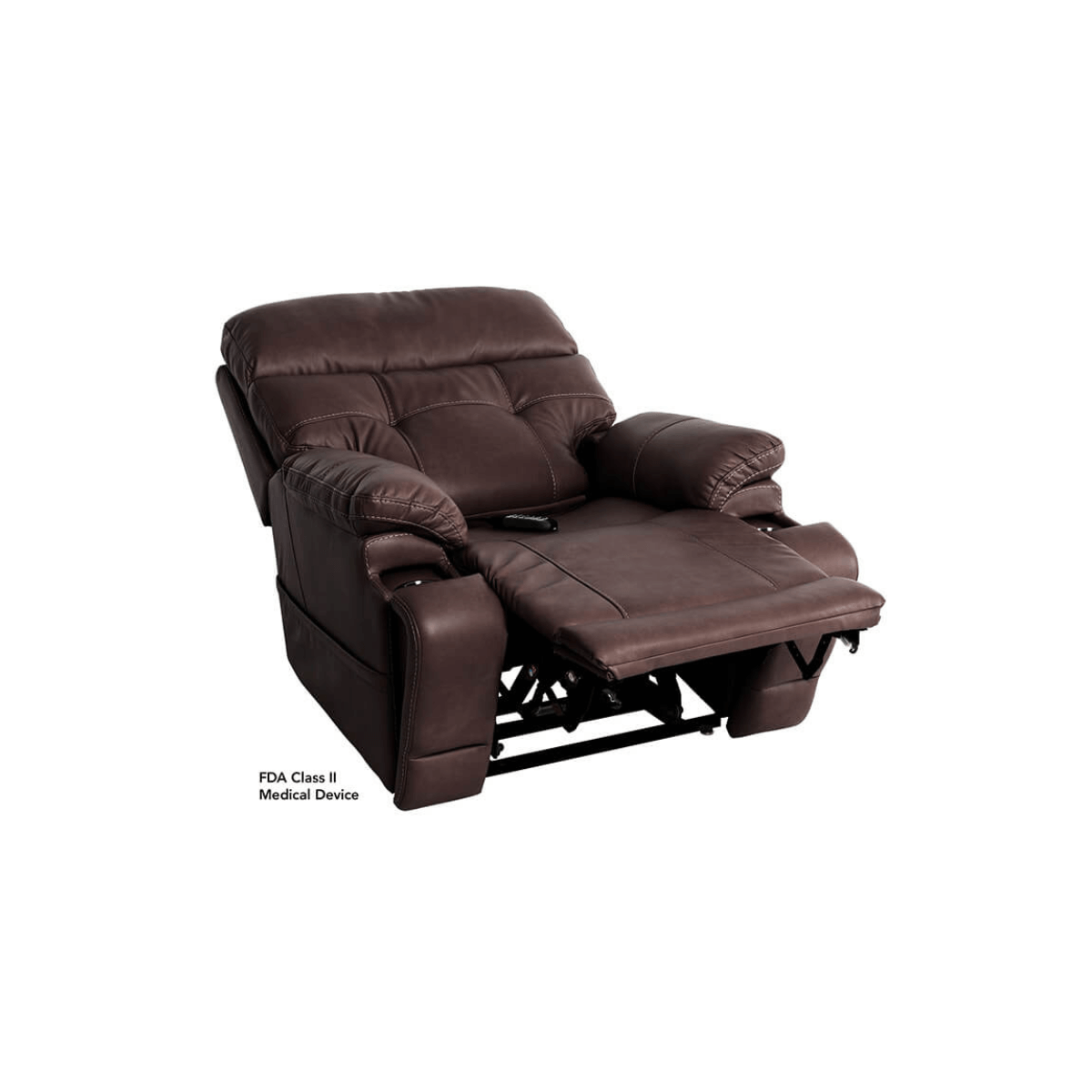 Mega Motion 3815 lift recliner chair in walnut color, reclined to napping position with backrest slightly recline & footrest elevated