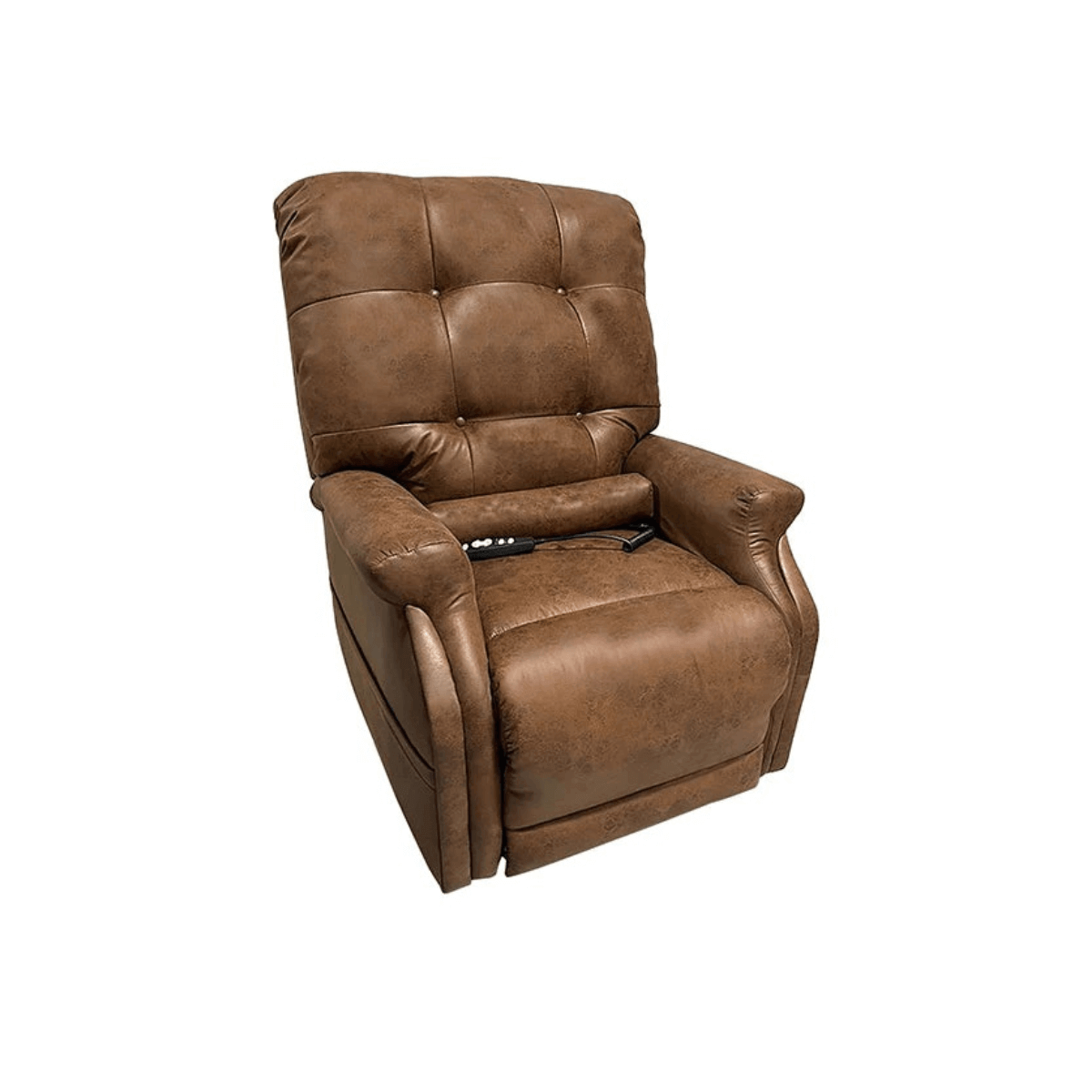 Chocolate Petite Journey Perfect Sleep Chair sitting in upright position with bolster pillow in lower back region & remote control in chair