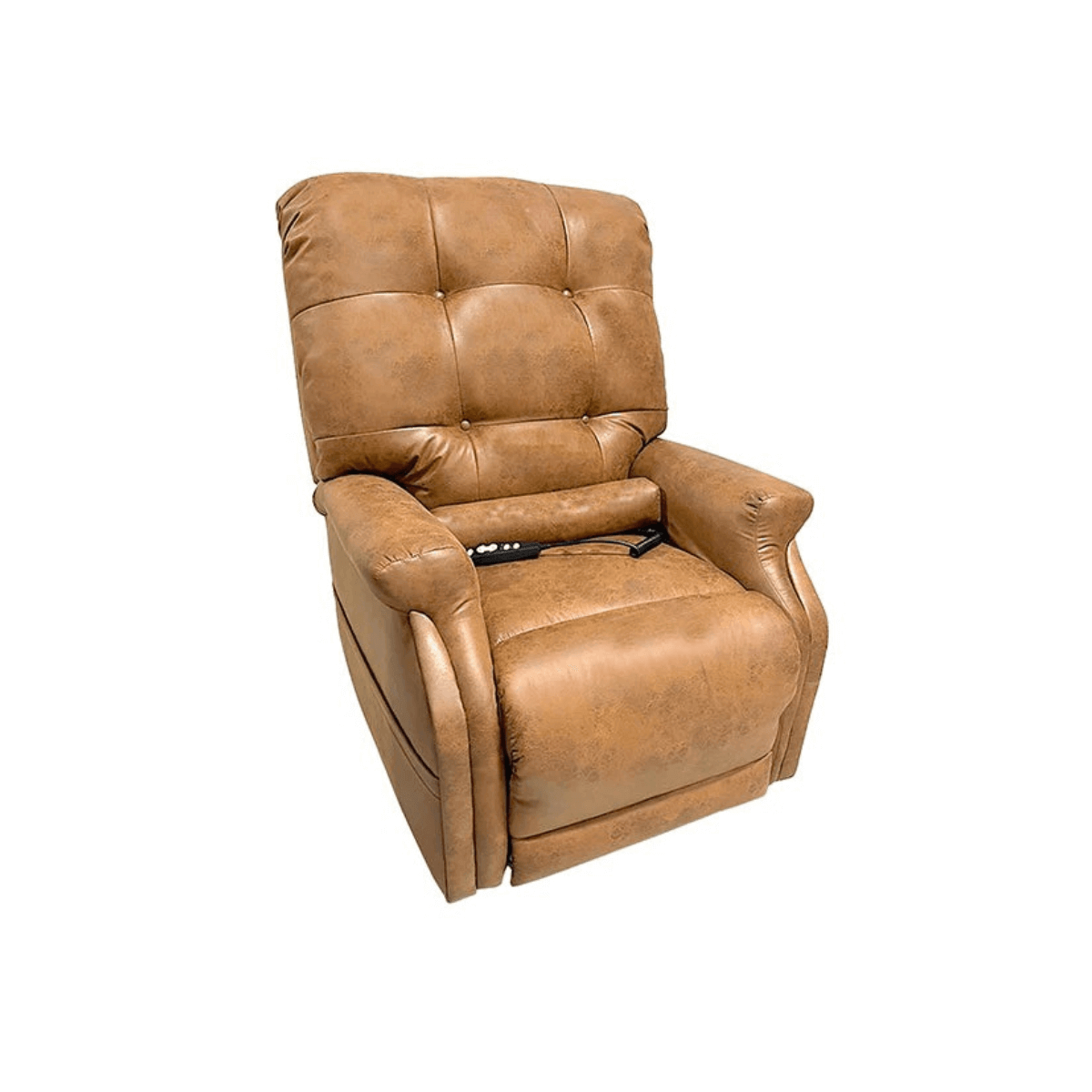Tan Petite Journey Perfect Sleep Chair sitting in upright position with bolster pillow in low back region & remote control in chair