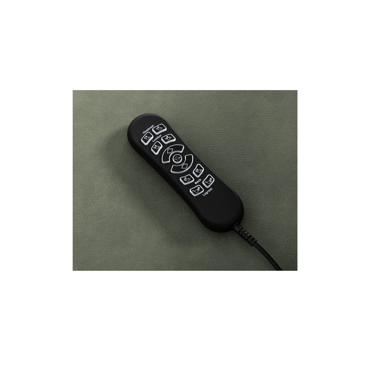 Mega Motion black remote control showing buttons that control headrest, lumbar, legrest, and back
