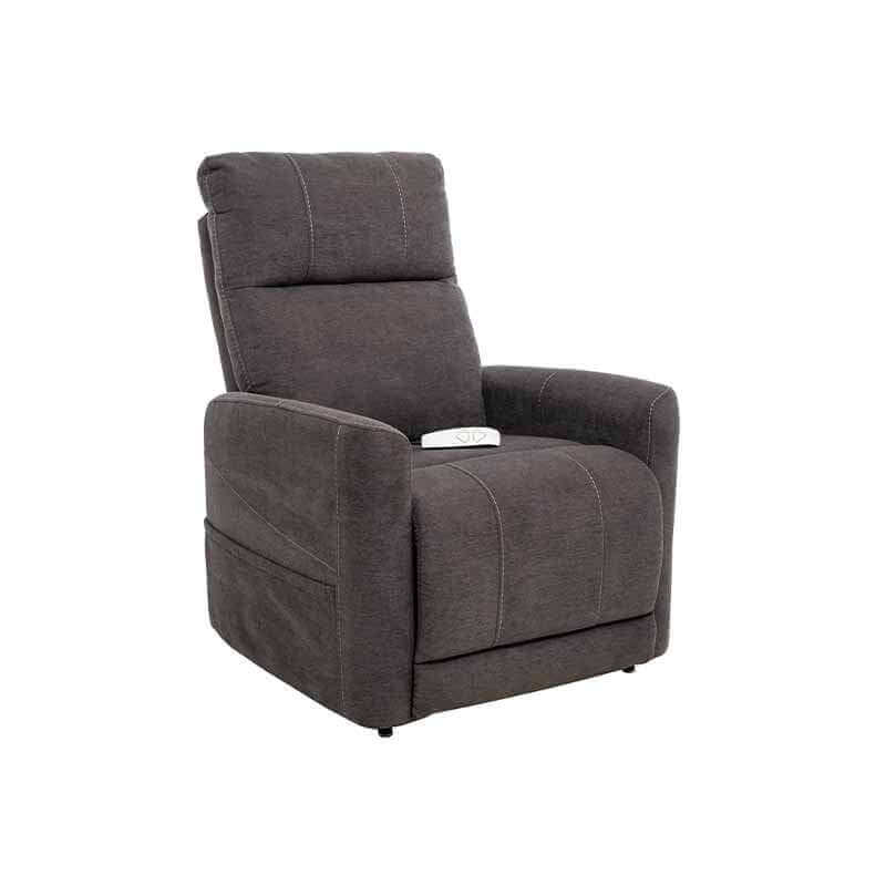 Dark gray Mega Motion MM-3615 Power Lift Recliner with heat & massage, in an upright sitting position with the footrest down