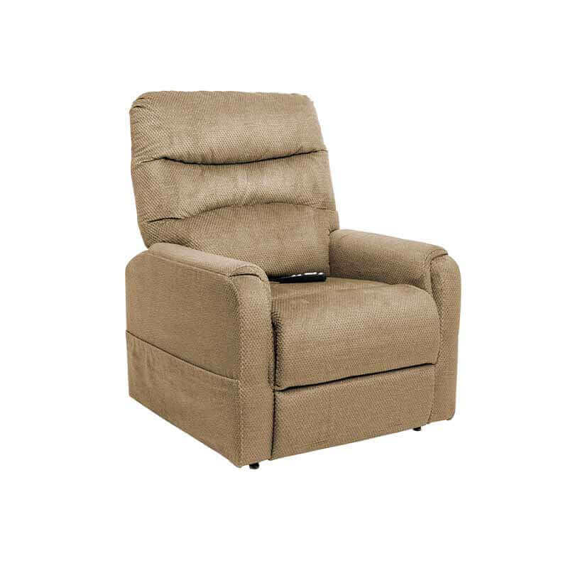 Golden brown Mega Motion MM-3601 lift recliner with heat & massage, in upright position with backrest straight & footrest down