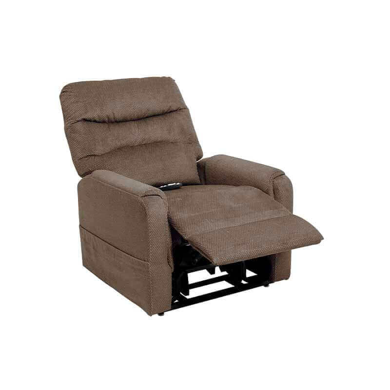 Walnut Brown Mega Motion MM-3601 lift recliner with heat & massage, shown with backrest leaning back to relax & footrest elevated