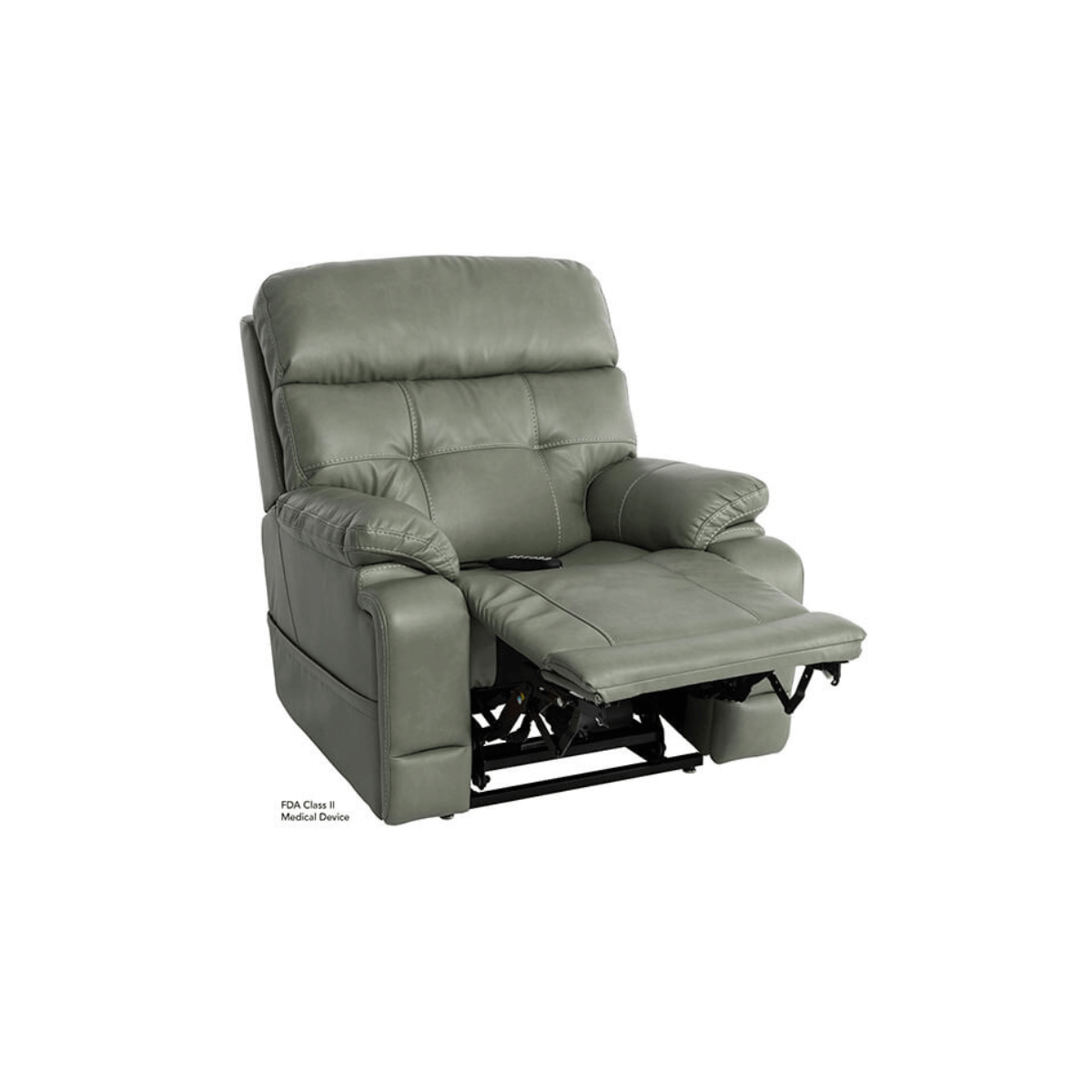 Mega Motion 3815 lift recliner in olive color, in TV watching position with backrest upright & footrest  elevated all the way up