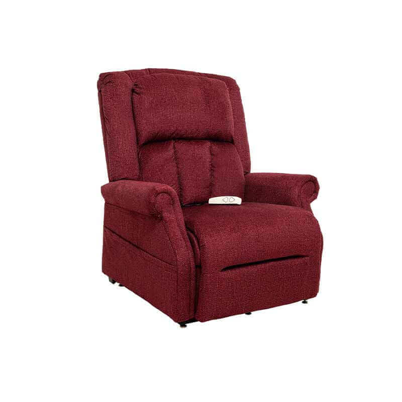 Wine Red Mega Motion Heavy Duty Lift Chair 500lb with Heat & Massage, shown in upright position & footrest down ready for sitting upright