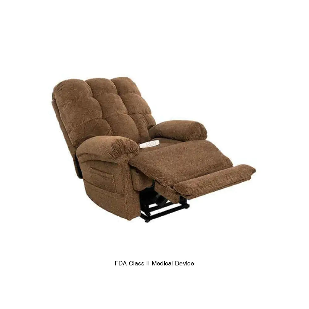 Mega Motion Trendelenburg Lift Chair with heat and massage in nutmeg color, reclined back with extended footrest raised to support legs
