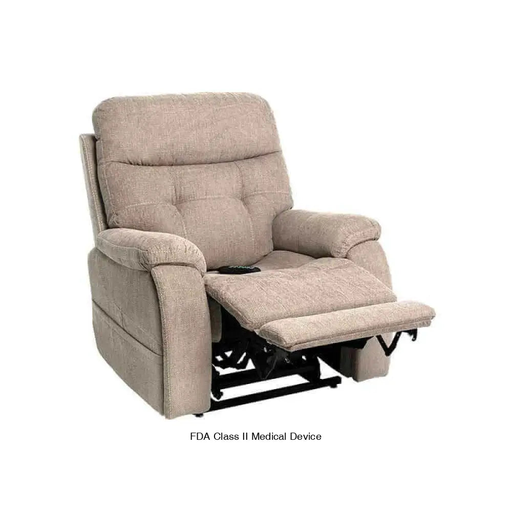 Stone Color Mega Motion MM-3712 Power Lift Recliner. Shown with backrest upright & footrest elevated high. Ideal for watching TV