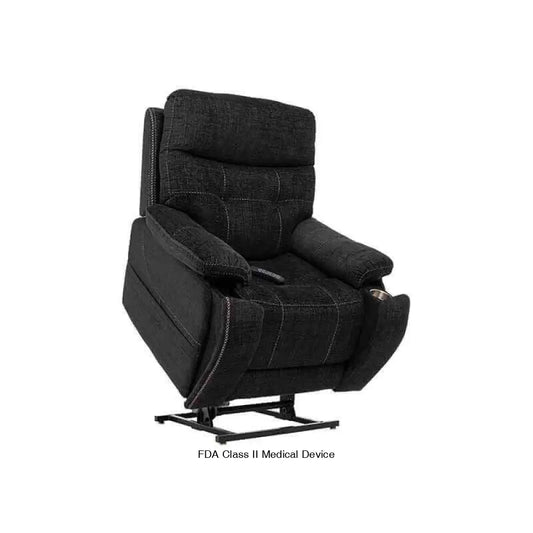Black Mega Motion MM-3712 Infinite Position Lift Chair with 3-Zone Heat, featuring a cup holder. Shown lifting up to help user stand up