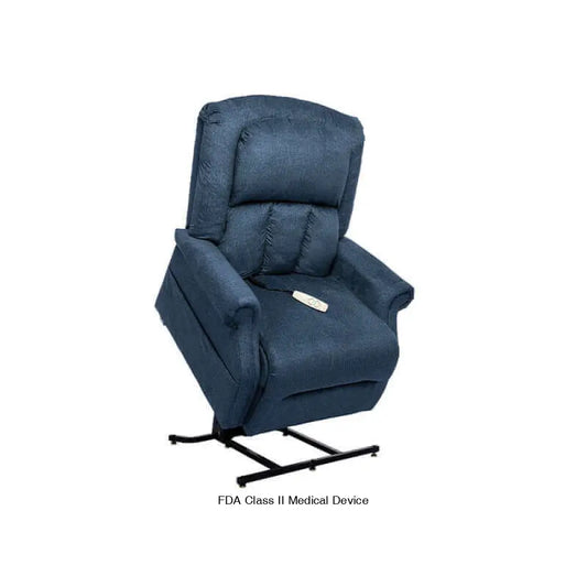Blue Mega Motion Heavy Duty Lift Chair 500lb, shown in the lift position with seat tilted forward, designed to support up to 500 pounds