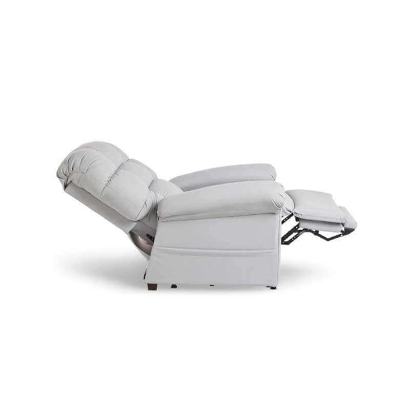 Perfect Sleep Chair in light gray, covered in Miralux fabric, reclined to a napping position with footrest raised
