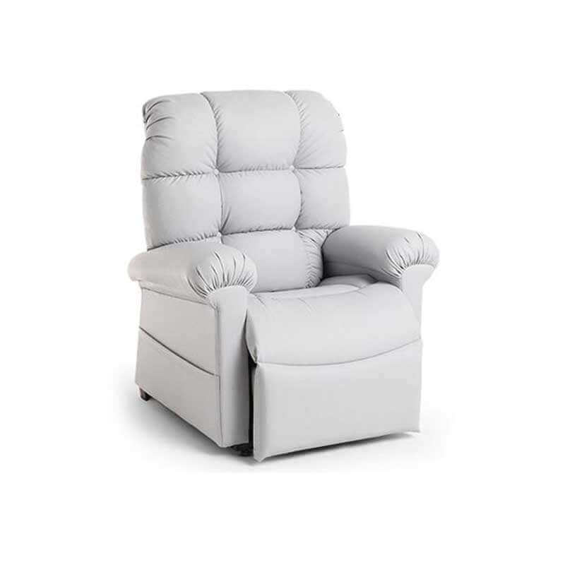 Well cushioned Perfect Sleep Chair with side pockets covered in Miralux faux leather in light gray color