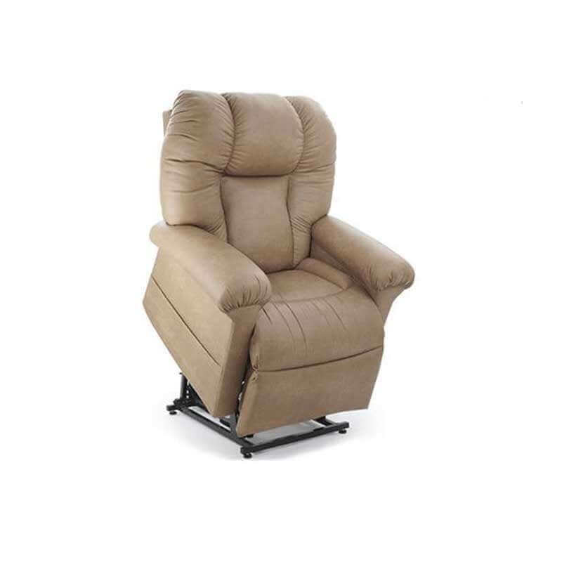 Saddle colored Perfect Sleep Chair made with Miralux material in lift position to stand up user from sitting position