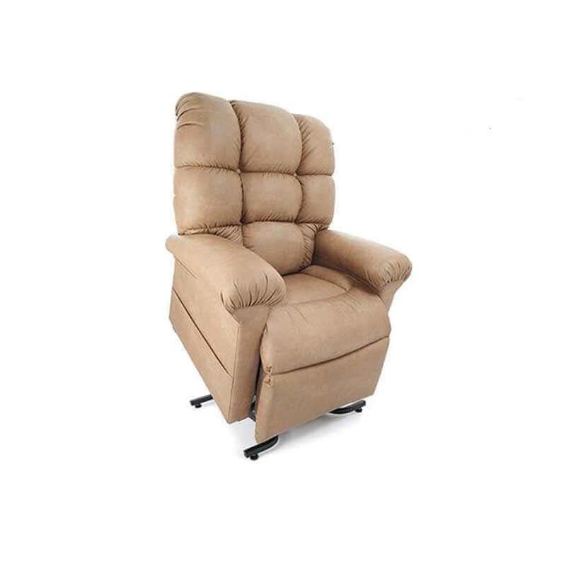 Well cushioned Perfect Sleep Chair with side pockets covered in Miralux faux leather in light gray color