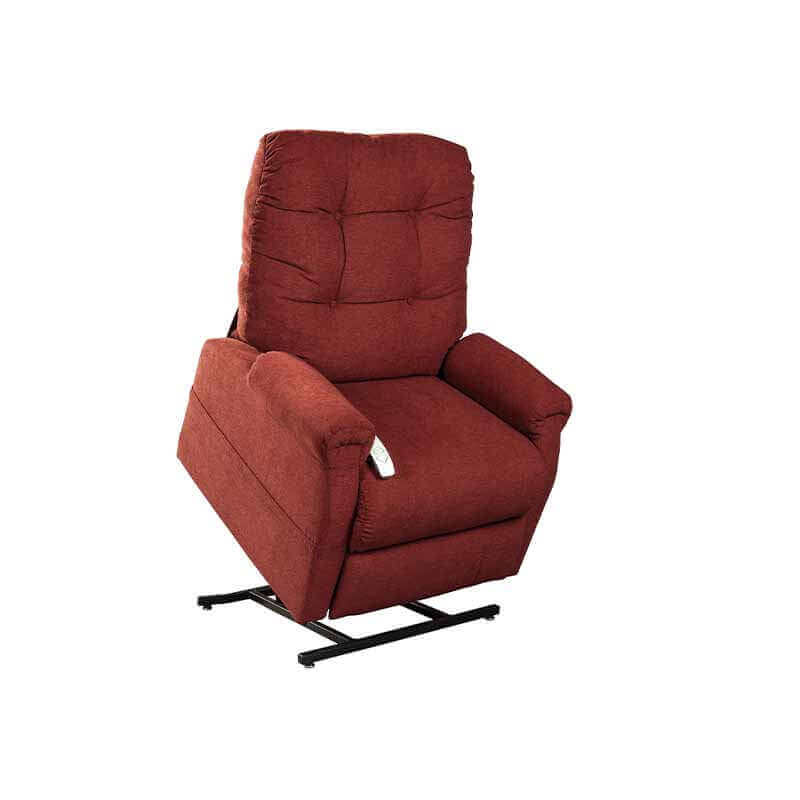 Mega Motion's MM-4001 Petite Lift Chair in rusty red, lifting up with seat tilted forward to help user stand on their own.