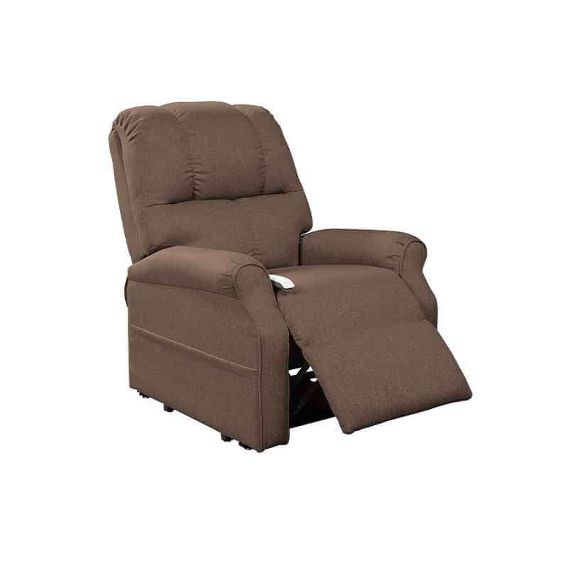 Brown Mega Motion 3-position lift chair with backrest in upright position and footrest partially elevated for comfort