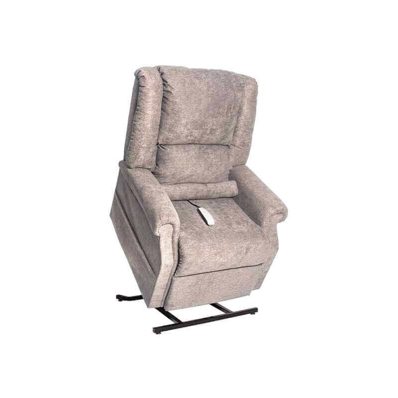 Mega Motion Zero Gravity Lift Chair covered in dove color fabric, lifting up to help user stand up on their own