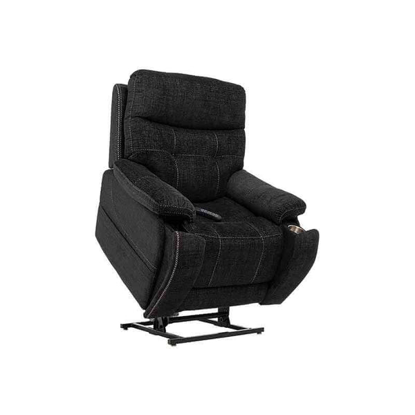 Black Mega Motion MM-3712 Infinite Position Lift Chair with 3-Zone Heat, featuring a cup holder. Shown lifting up to help user stand up