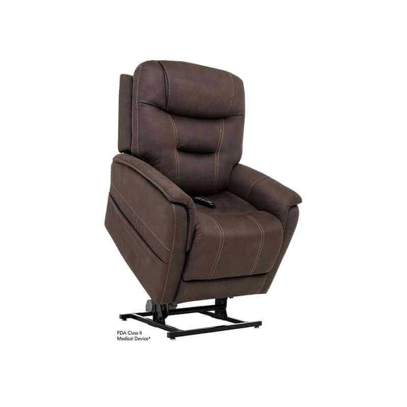 Brown Mega Motion MM-3730 Lift Chair with Lumbar support, shown with lift mechanism lifting up tilting seat forward to help user stand up