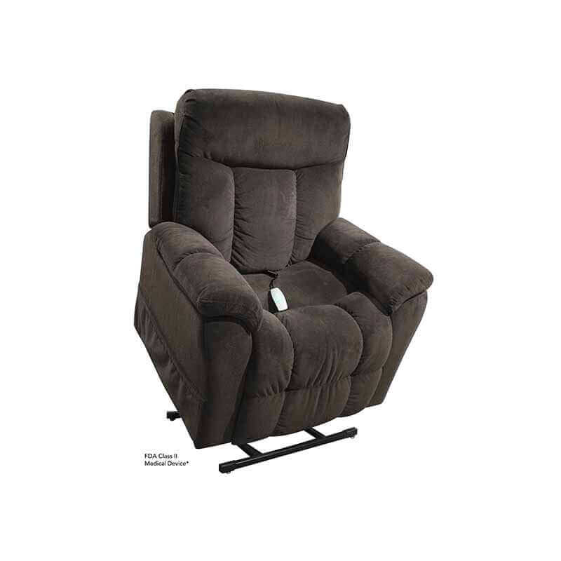 Steel color Mega Motion MM-5300 Power Lift Recliner with lots of cushioning, lifting up the seat tilted forward to aid in standing up