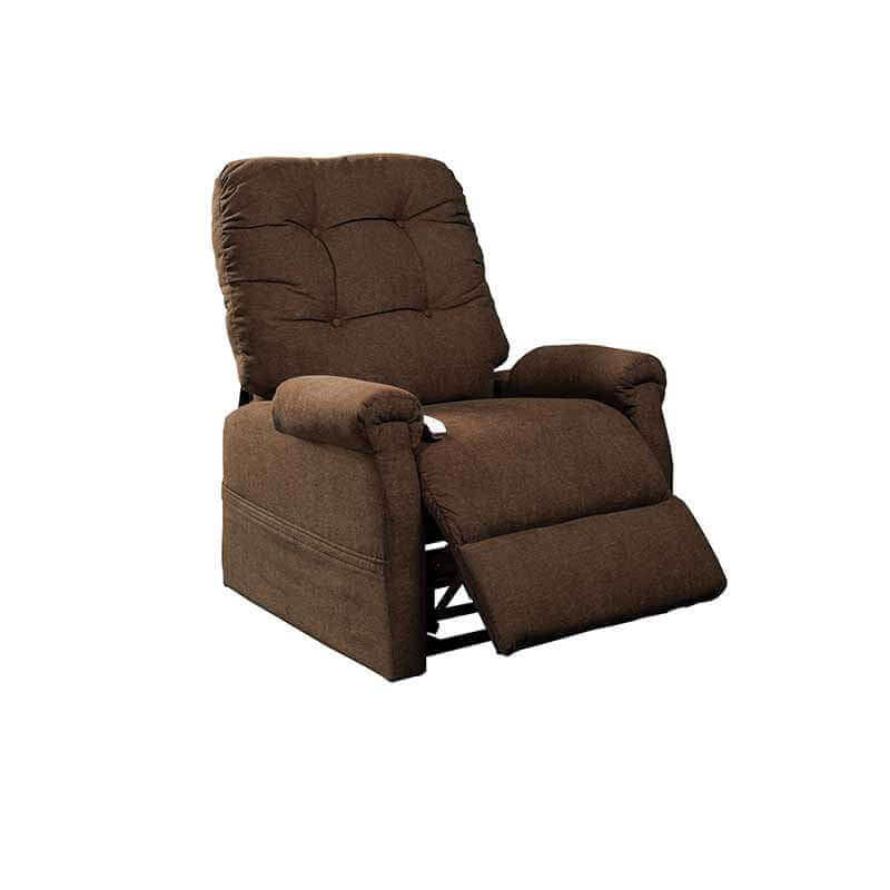 Dark Brown Mega Motion MM-4001 Petite Reclining Lift Chair, shown partially reclined with footrest extended