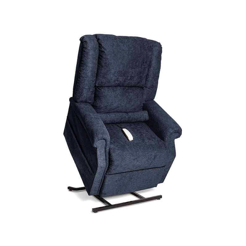 Mega Motion Zero Gravity Lift Chair covered in navy blue fabric, in the lift position to help the user stand up