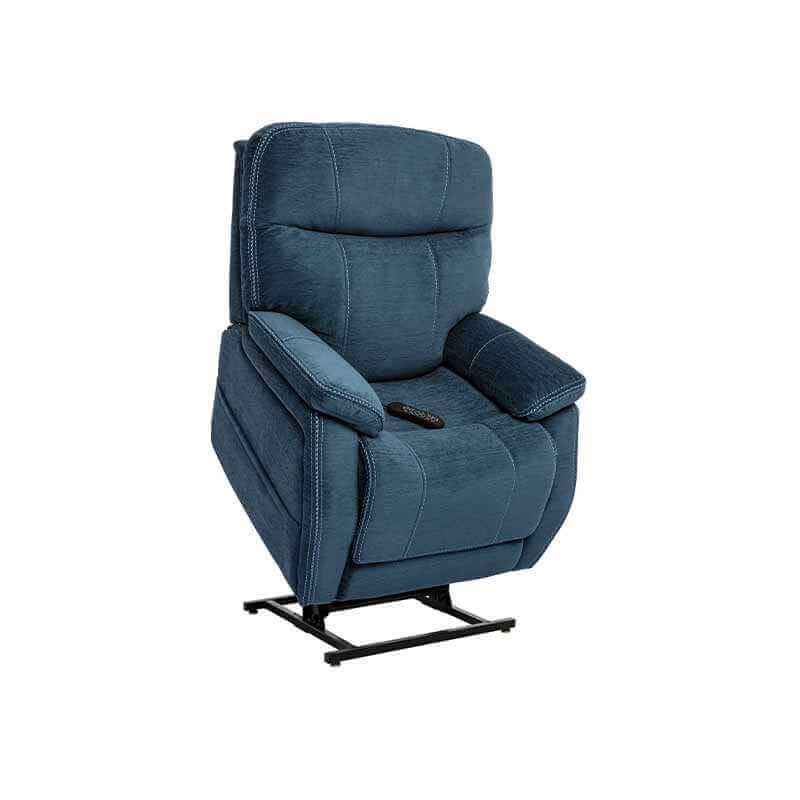 Navy Blue Mega Motion MM-3710 Infinite Position Lift Chair in lift position with seat tilted forward to help user stand on their own