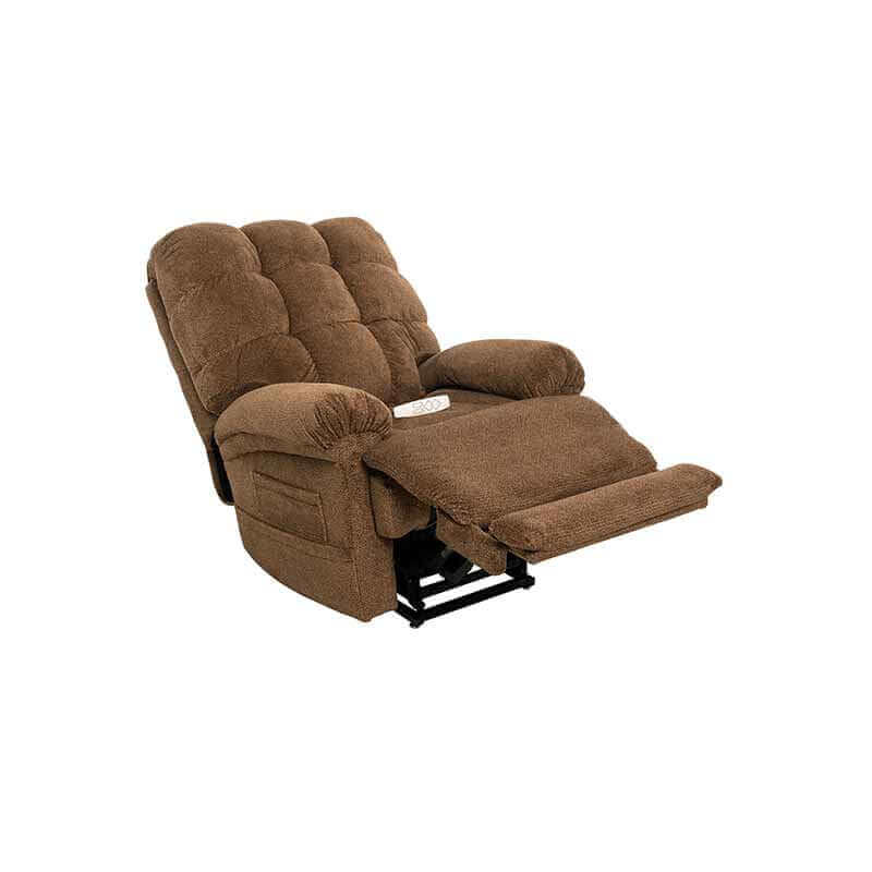 Mega Motion Trendelenburg Lift Chair with heat and massage in nutmeg color, reclined back with extended footrest raised to support legs