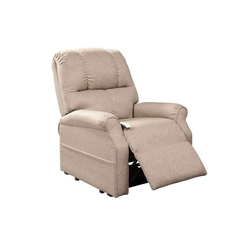 Beige Mega Motion 3-position lift chair shown with backrest in upright position and footrest partially elevated