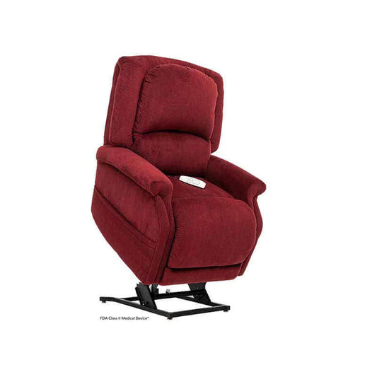 Red Mega Motion Zero Gravity Recliner with heat & massage, shown lifting up with seat tilted forward to help user stand up