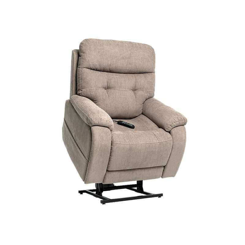 Mega Motion MM-3712 Power Lift Recliner in stone color, shown with lift mechanism lifting up tilting seat forward to help user stand up