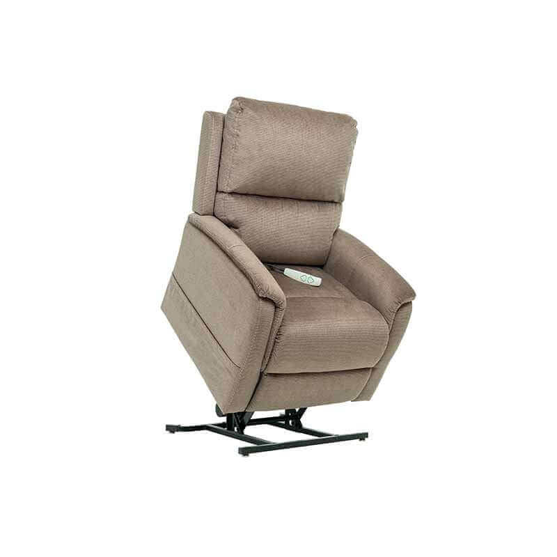 Coffee brown Mega Motion MM-3605 Power Lift Recliner in upright lift position, with seat tilted forward to assist user in standing up