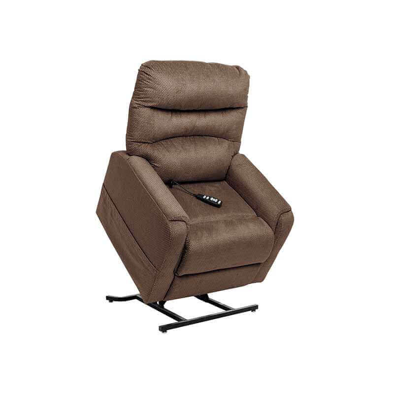 Walnut Brown Mega Motion MM-3601 lift recliner with heat & massage, shown in lift position with seat tilted forward to help user stand