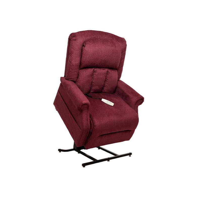 Red Wine Mega Motion Heavy Duty Lift Chair 500lb, shown in lift position with seat tilted forward. Designed to support up to 500 pounds