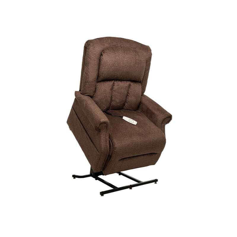 Brown Mega Motion Heavy Duty Lift Chair 500lb, in lift position with seat tilted forward to help used stand, Designed to support up to 500 pounds
