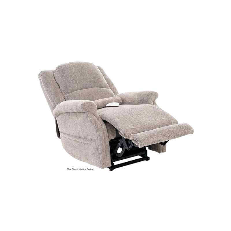 Mega Motion Zero Gravity Recliner in dove color, shown reclining at a 45-degree angle with footrest raised for leg support