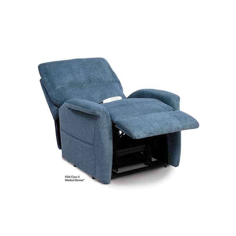 Blue-gray Mega Motion MM-3250 lift recliner chair, reclined to napping position with footrest elevated